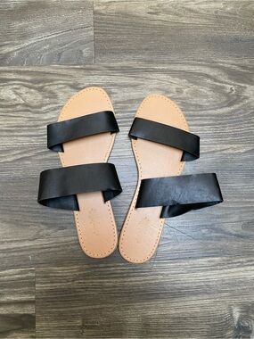 Charlotte Russe Black Double-Strap Slide Sandals with Tan Footbed